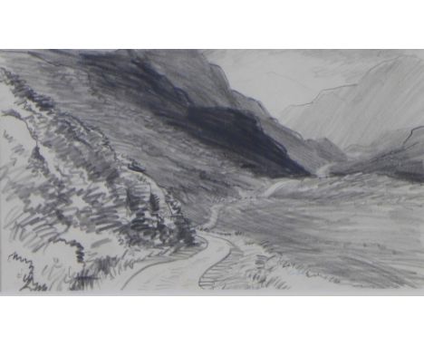 Attributed to Hugh Thomson (Irish 1860 - 1920) In the Galloway Highlands, pencil sketch, framed under glass 21 x 12cm 