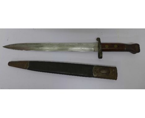 A late 19th Century British bayonet with scabbard, the blade marked VR, Sanderson, Sheffield