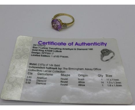 A 9ct gold limited edition Glen Lehrer, amethyst and diamond ring with certificate, 3.3g, O