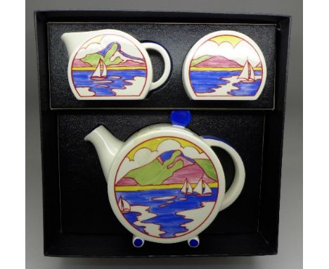 A Wedgwood Bizarre by Clarice Cliff limited edition of 250 three piece tea service, with certificate, boxed