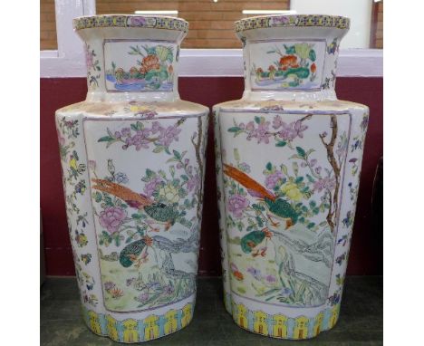 A pair of famille rose vases with enamel decoration, one a/f, 50cm