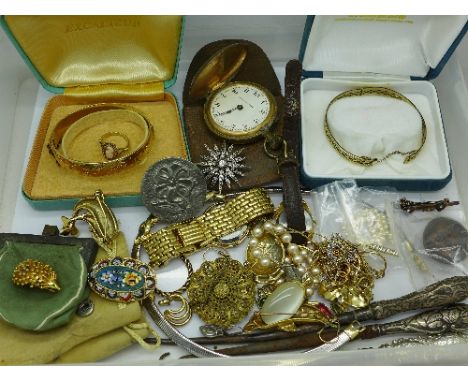 Costume jewellery, three silver handled button hooks and a pocket watch