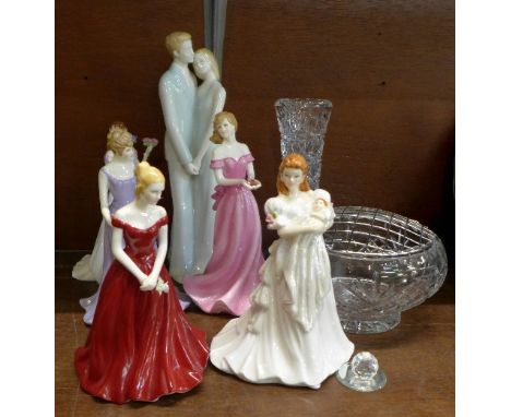 Six  Royal Worcester figures, Happy Anniversary and five other figures of ladies, and a crystal bowl and crystal vase