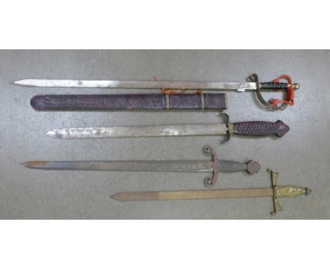 Four swords, one with scabbard and one Spanish