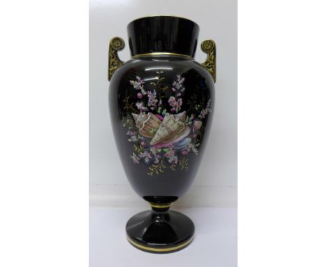 A Victorian black glazed vase decorated with enamel shells and flowers, 31cm