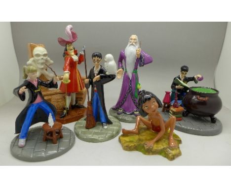 A collection of six Royal Doulton character figures; Captain Hook, Mowgli and four Harry Potter characters