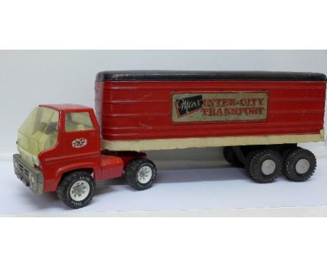 A Louis Marx & Co. Inter-City Transport articulated lorry container with a Tonka Toys front cab