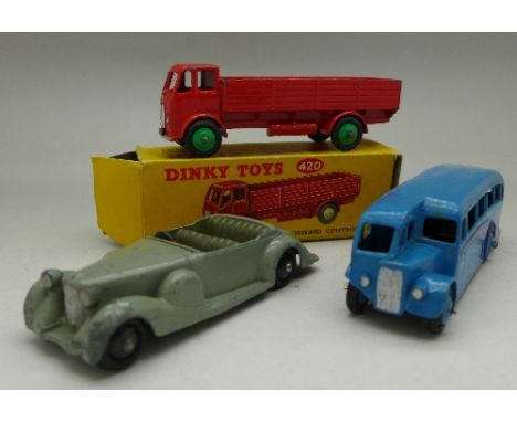 Three Dinky Toys die-cast vehicles, Lagonda, no windscreen, Coach and 420 Forward Control Lorry, boxed