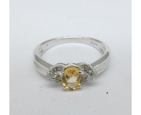 A 9ct white gold, citrine and diamond ring, 2.8g, N