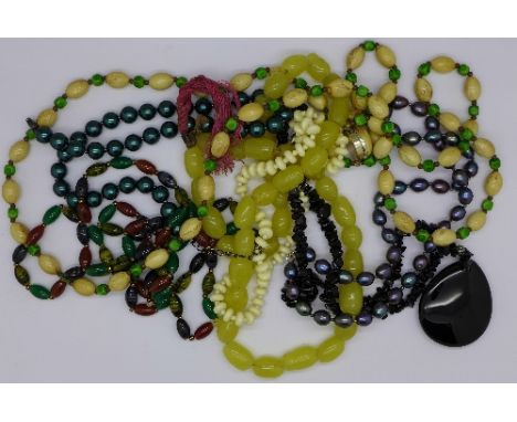 Seven bead necklaces including cultured black pearl and hardstone
