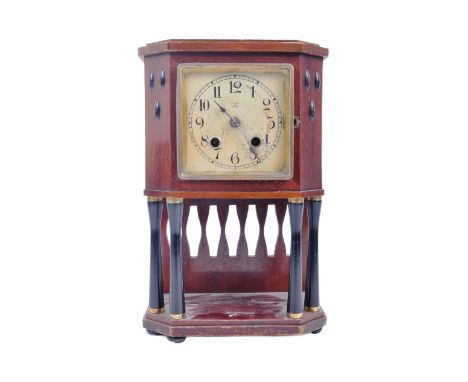 A Victorian 19th century Arts &amp; Crafts HAC mantel clock. Hamburg American Clock Company with metal dial, HAC logo centre 