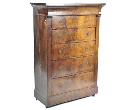 A large 19th century French Empire Revival commode mahogany upright pedestal chest of drawers. The chest having a flared top 