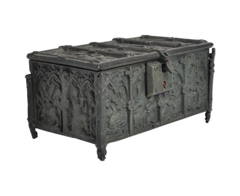 A 19th century Victorian bronze casket / jewellery case / cast iron trinket box with Gothic / ecclesiastical embellishment, f
