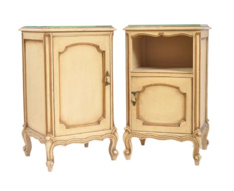 A 19th century painted French Louis XVI pair of bedside cabinets. The cabinets being raised on scroll terminal feet supportin
