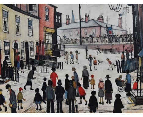 After Laurence Stephen Lowry (1887-1976, British), coloured print, A Procession, framed, mounted, and under glass, measuring 