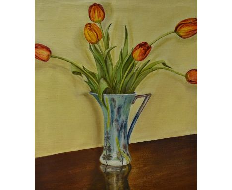 Peter Busfield (20th Century, British), oil on canvas, A still life arrangement - a vase of tulips, signed verso, framed, mou