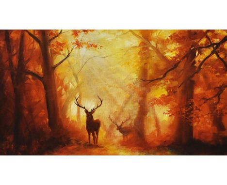 After Lee Campbell (Contemporary, British), coloured print, 'Majesty', an attractive illustration of stags within an autumnal