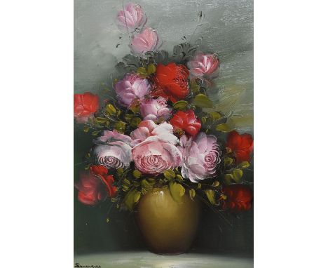 20th Century School, oils on board, Two still life arrangements - Roses in vases, signed indistinctly to the lower left, fram