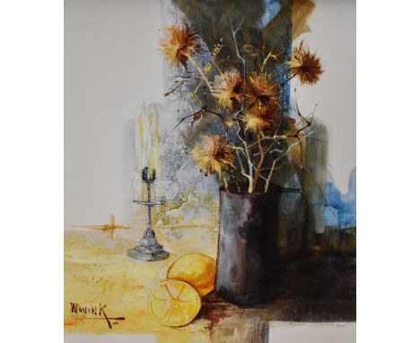 E.Wonink (20th Century), oil on canvas, A still life arrangement depicting a vase of flowers and an orange, signed to the low