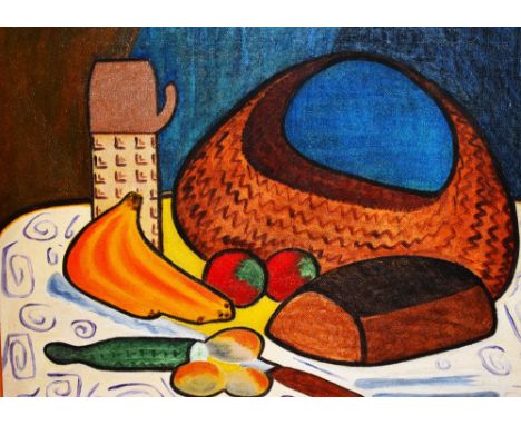 20th Century School, oil on board, A still life arrangement - A loaf of bread, fruit, flask, and a basket on a patterned tabl