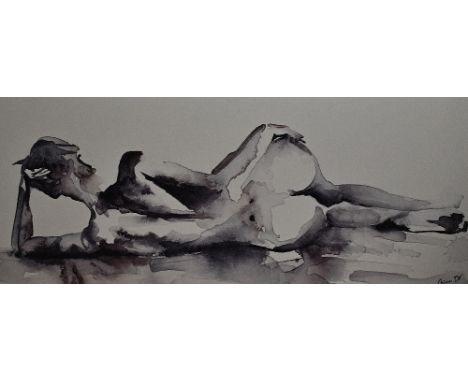 20th Century, coloured print, A life study depicting a reclining nude, framed, measuring 44cm x 98cm, &amp; 52cm x 107cm over