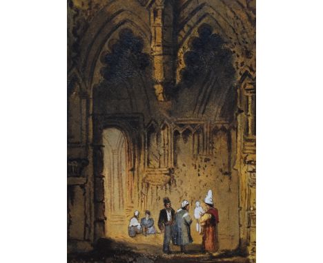 Attributed to Samuel Prout (1783-1852, British), watercolour and gouache, A Gothic Church interior with figures, signed to th