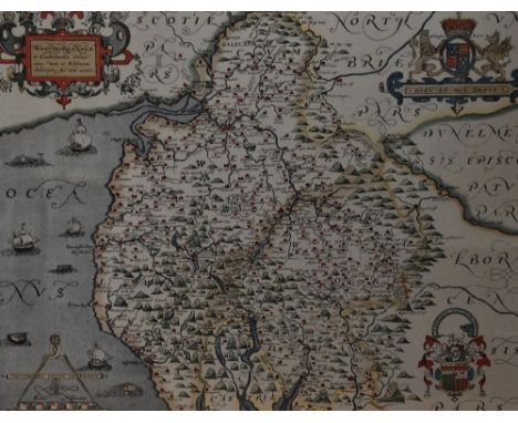After Christopher Saxton (1540-1610, British), coloured print, 'Saxton's Map of Westmorland and Cumberland', framed and under