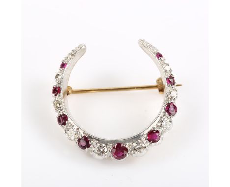 A late 20th century 9ct gold ruby and diamond crescent brooch, set with round-cut stones, total diamond content approx 0.25ct