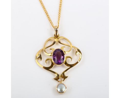 An Edwardian 9ct gold amethyst and blister pearl openwork pendant necklace, on 9ct fine curb link chain, pendant height 44mm,