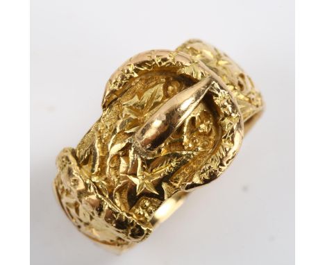 An early 20th century 18ct gold belt buckle band ring, allover floral engraved decoration, maker's marks JG, hallmarks Cheste