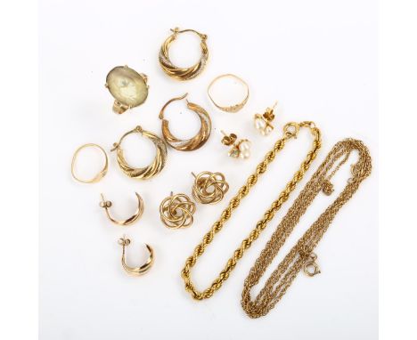 Various 9ct gold jewellery, including quartz ring, pearl earrings, rope twist bracelet etc, 19.6g grossLot sold as seen unles