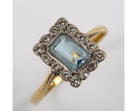 An Antique 18ct gold aquamarine and diamond rectangular cluster ring, set with rectangular step-cut aqua and modern round bri