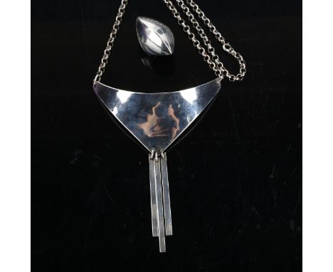 A Danish sterling silver modernist drop collar ornament, by F Ridiger, and a sterling silver ring by Jens Jos Aagaard, neckla