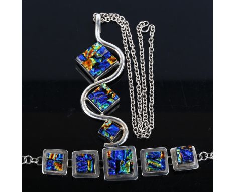 A large sterling silver coloured glass panel pendant necklace and matching bracelet set, maker's marks RE, pendant height 120