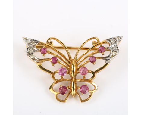 A late 20th century 9ct gold ruby and diamond figural butterfly brooch, openwork settings with round-cut rubies and diamonds,