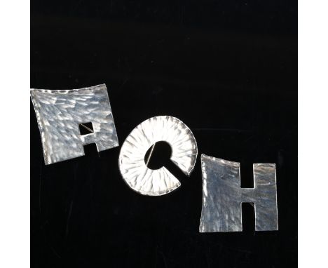 ERIK HYLDEBRANDT - 3 Vintage sterling silver initial letter brooches, circa 1970s, comprising A, C and H, textured decoration