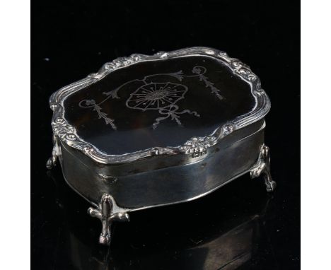 A small George V silver and tortoiseshell pique inlaid dressing table jewel casket, by E S Barnsley &amp; Co, hallmarks Birmi