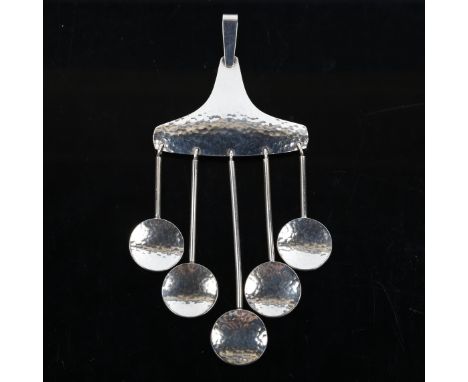 HERMANN SIERSBOL - a large Danish sterling silver modernist abstract drop pendant, planished and polished decoration, pendant