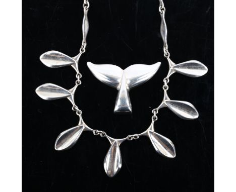 ARNOLD VEGGHAMER - a Danish sterling silver modernist whale flukes pendant, and an unnamed fish fringe necklace, pendant heig