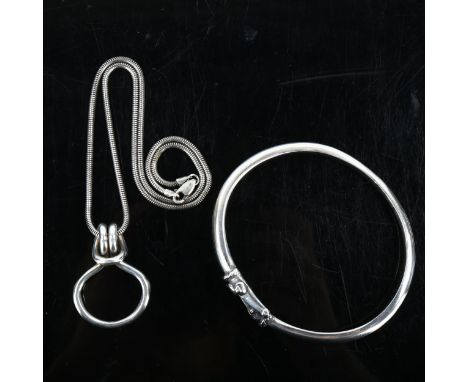A Vintage Danish sterling silver Viking Revival bangle, and a modernist knot pendant necklace, bangle internal measurements 6