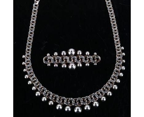 HERMANN SIERSBOL - a Vintage Danish sterling silver matching fringe necklace and brooch set, necklace length 42cm, brooch len