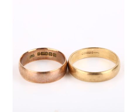 2 x 9ct gold wedding band rings, hallmarks Birmingham 1913 and London 1967, largest band width 6.6mm, sizes V and Z, 11g tota