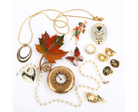 Various jewellery, including gold plated half hunter pocket watch, heart locket pendant, pearl necklace with 9ct gold ball sp
