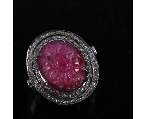 A modern oxidised sterling silver ruby and diamond cluster ring, set with untreated natural 15.4ct Madagascan carved ruby, wi