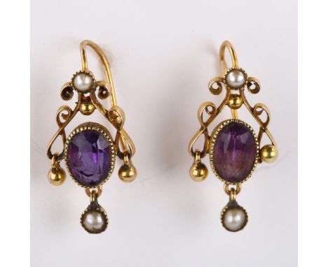 A pair of early 20th century 15ct gold amethyst and pearl earrings with en tremblant drops and shepherd hook fittings, earrin