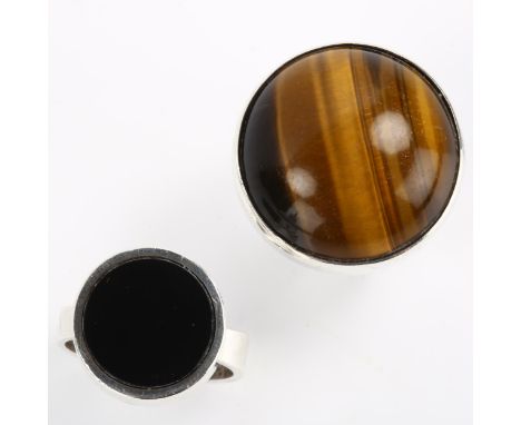 NIELS ERIK FROM - 2 Danish sterling silver modernist stone set rings, including tigers eye and onyx, sizes M and J respective