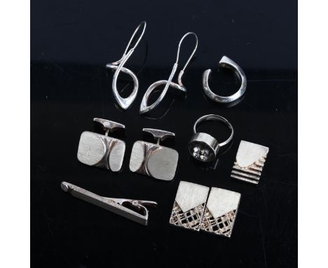 Various Finnish silver modernist jewellery, including tie clip, cufflinks, ring, earrings etc, tie clip length 46.7mm, 47.8g 