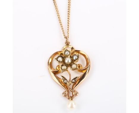 An Edwardian 9ct rose gold pearl floral openwork pendant necklace, on later 9ct fine curb link chain, maker's marks CMW, hall
