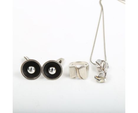Various Scandinavian silver jewellery, including Lapponia pendant necklace, ring and pair of cufflinks, pendant height 27.1mm