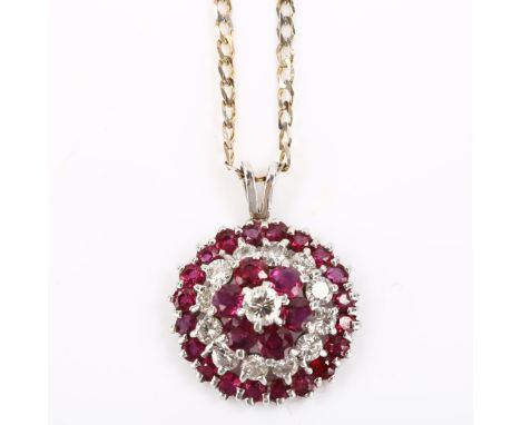 A modern ruby and diamond cluster target pendant necklace, unmarked white gold settings with round-cut rubies and modern roun